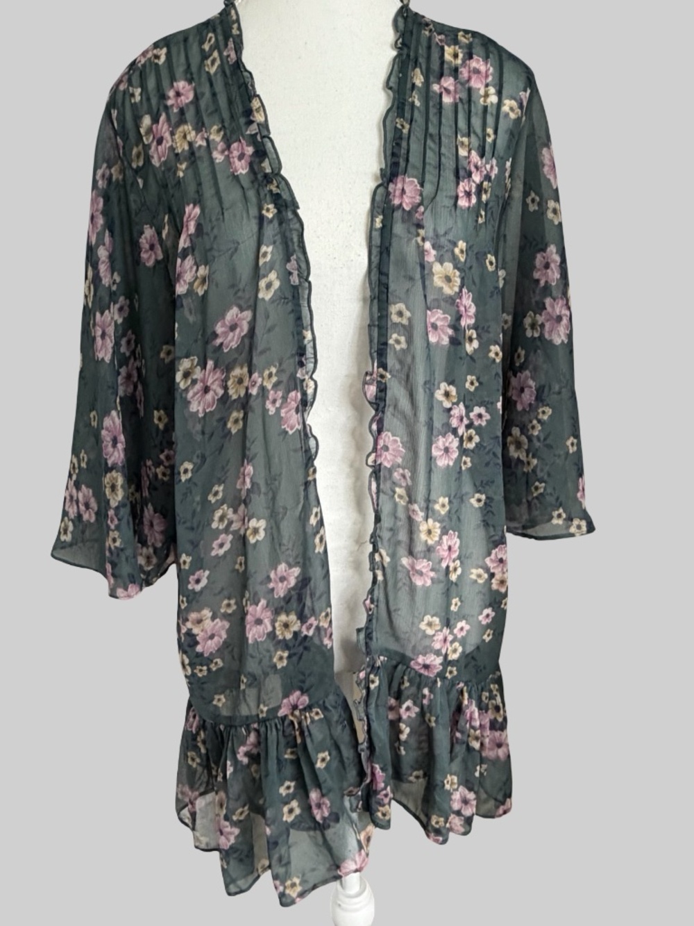 American Eagle Green Floral Sheer Kimono Swim Coverup- Sz-L/XL